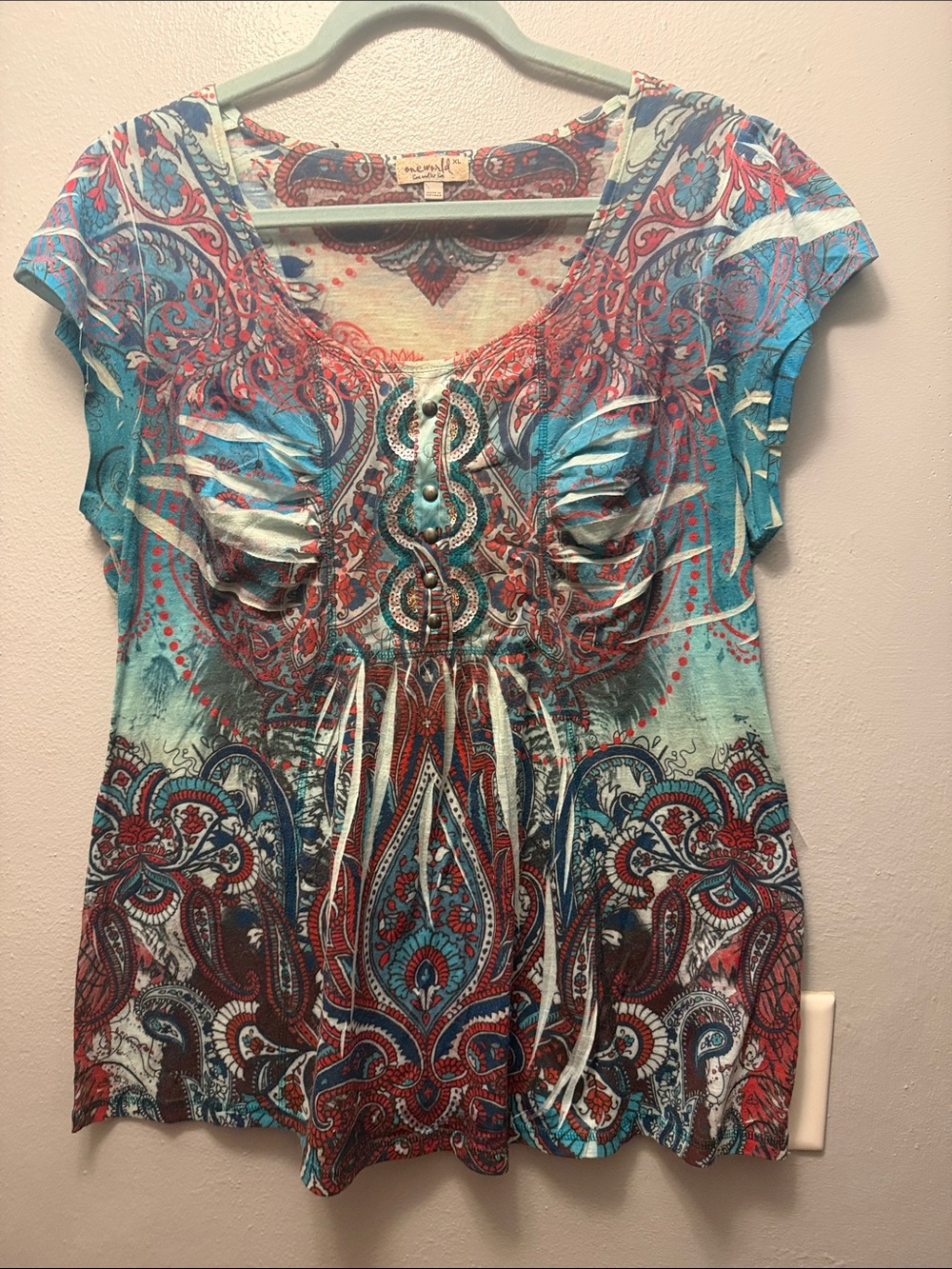 ONE WORLD Turquoise Red Paisley Short Sleeve Tee